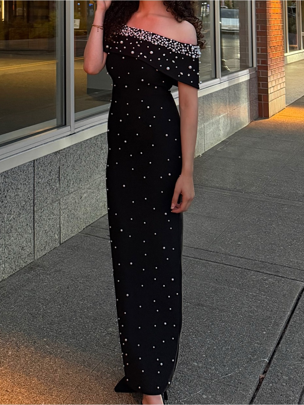 Black Off-Shoulder Maxi Dress with Pearl Embellishments